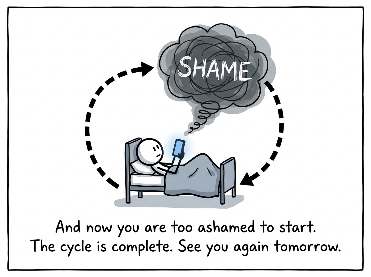 The stick figure using the shame as a reason to avoid the task even more, scrolling their phone in bed with the shame cloud growing larger, creating a visible circular arrow showing the cycle