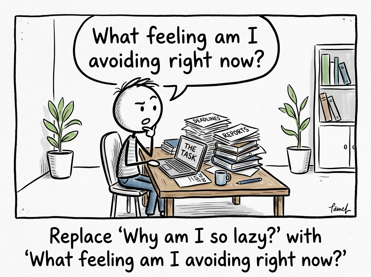 A stick figure staring at the task and asking 'What feeling am I avoiding right now?' instead of 'Why am I so lazy?'