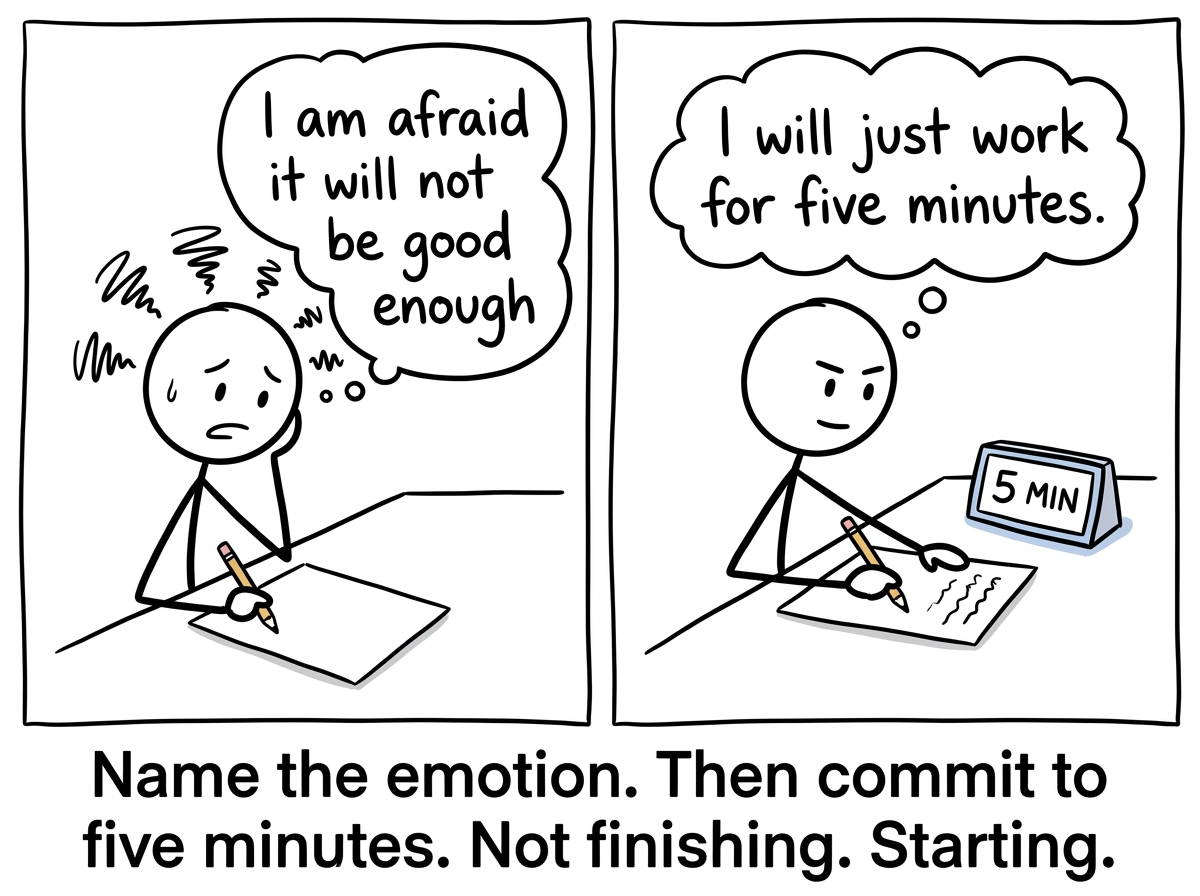 The stick figure naming the feeling -- 'I am afraid it will not be good enough' -- and committing to just five minutes of work