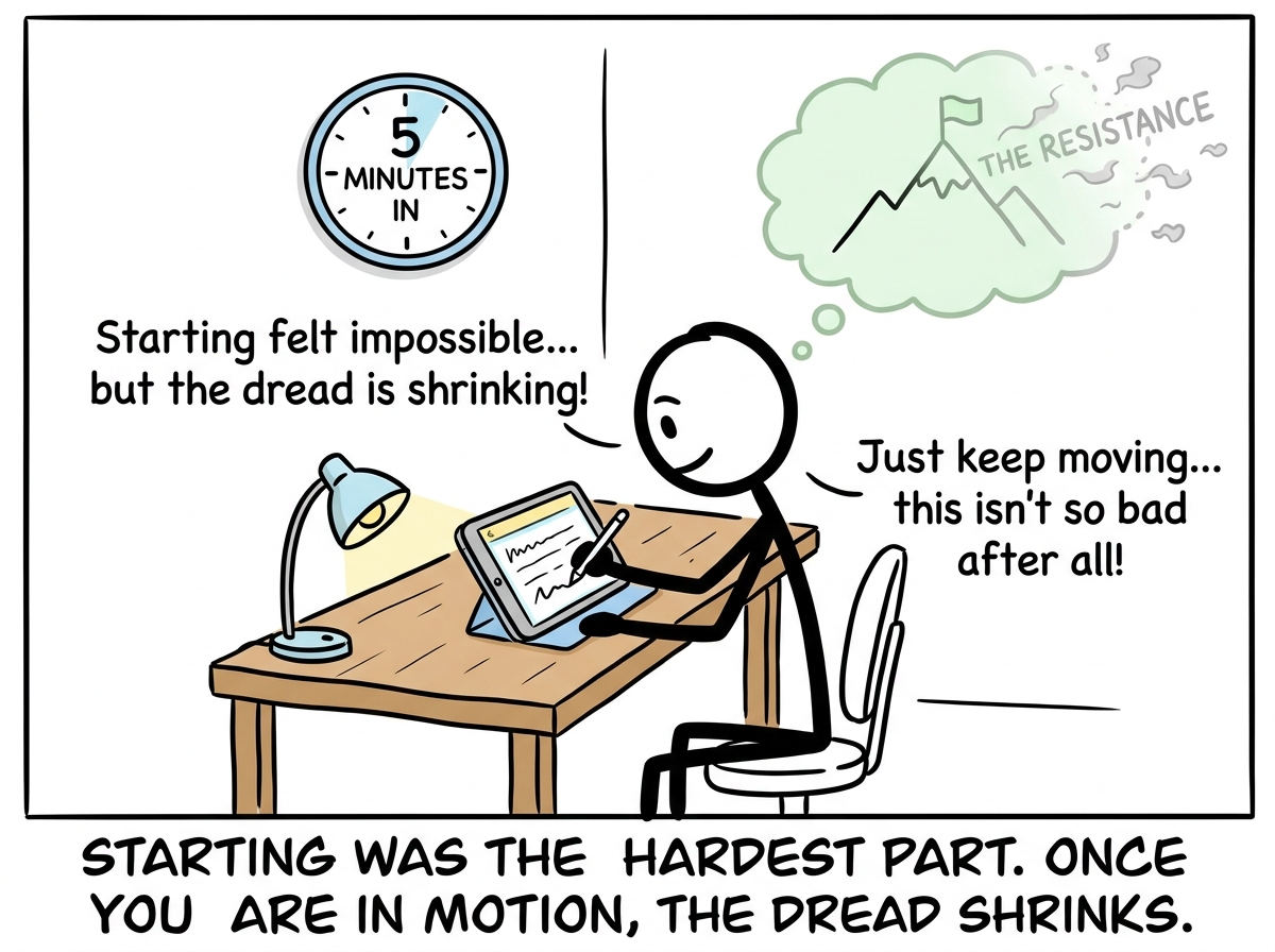 The stick figure five minutes in, still working, the resistance fading, the task no longer feeling impossible