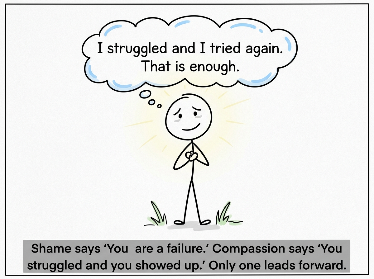 The stick figure finishing with self-compassion, thought bubble reading 'I struggled and I tried again. That is enough.'