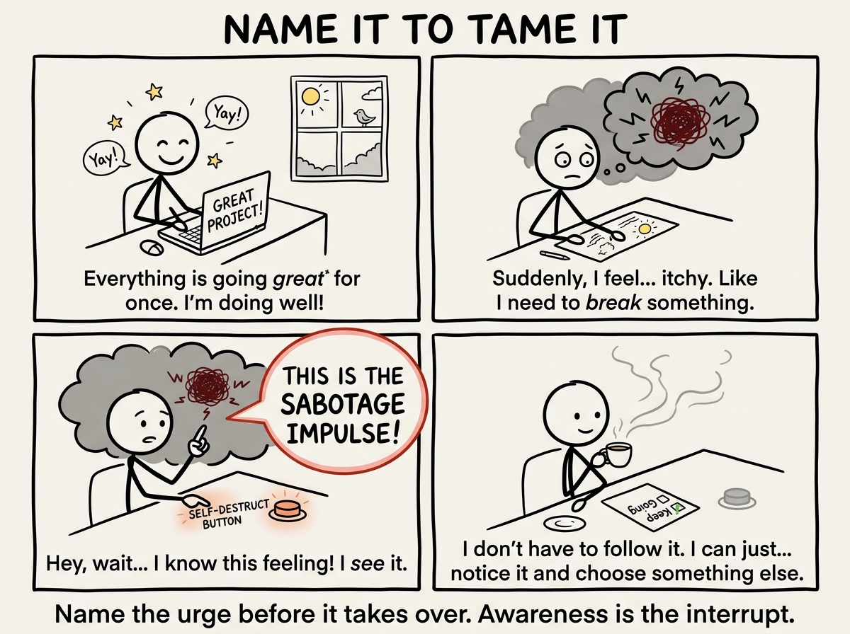 A stick figure noticing good things happening and feeling the familiar urge to ruin them, pausing to label the feeling: 'This is the sabotage impulse'