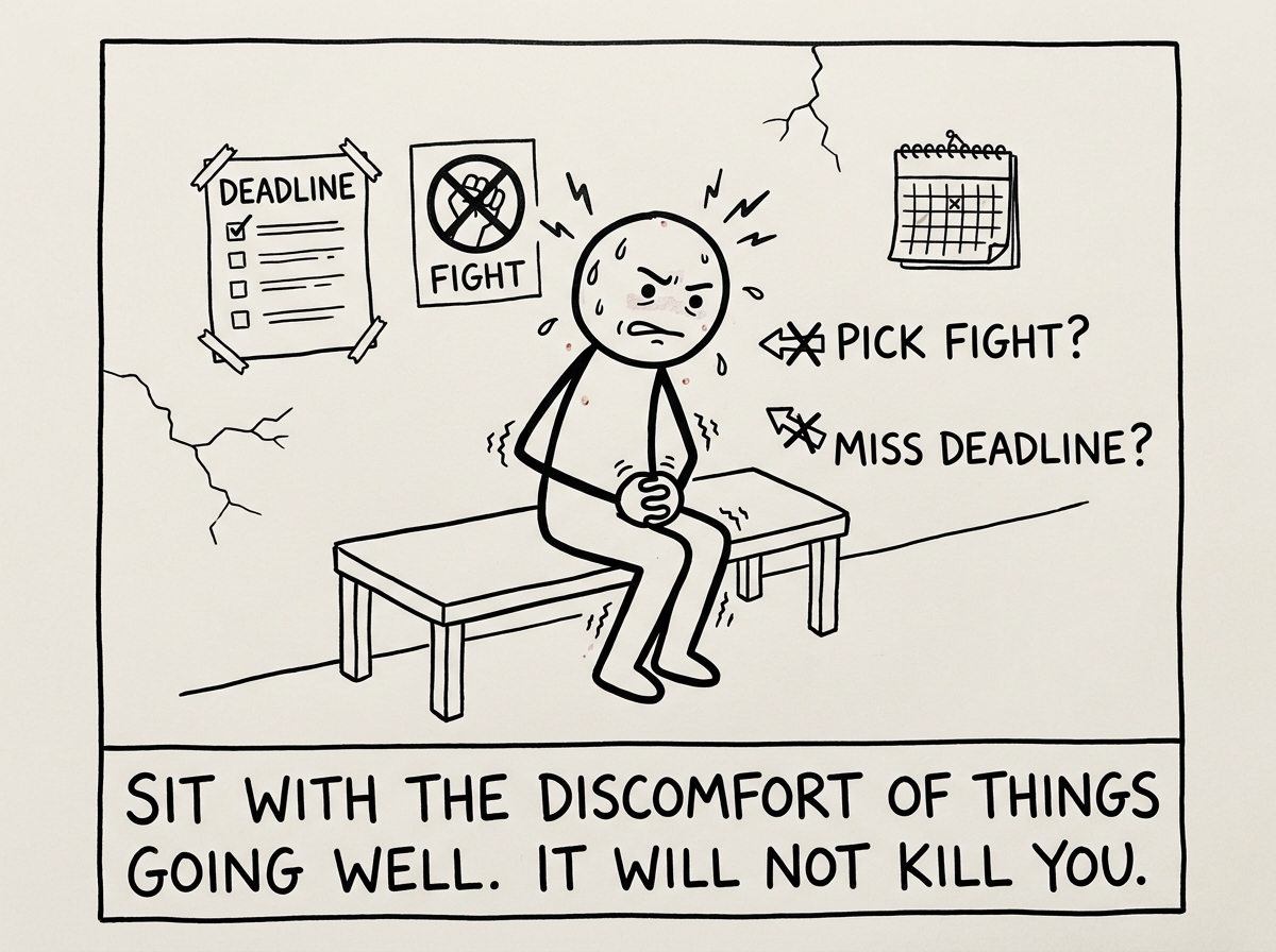 The stick figure sitting with hands in lap, visibly uncomfortable, choosing not to pick the fight or miss the deadline despite the pull to do so
