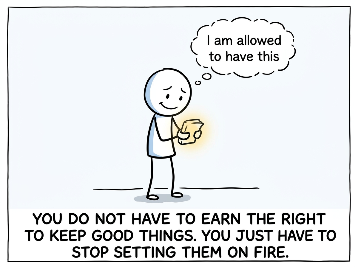 The stick figure smiling cautiously, holding something good, with a thought bubble reading 'I am allowed to have this'