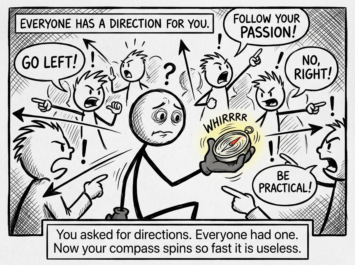 A stick figure holds a compass in their outstretched palm, staring at it with confusion. The compass needle spins wildly in circles, blurred with motion. Around the figure, a crowd of other stick figures all point in different directions, each one shouting advice: 'Go left!' 'No, right!' 'Follow your passion!' 'Be practical!' 'You should do what I did!' The figure in the center looks overwhelmed, mouth slightly open, eyes darting between all the voices. A label reads 'Everyone has a direction for you.'