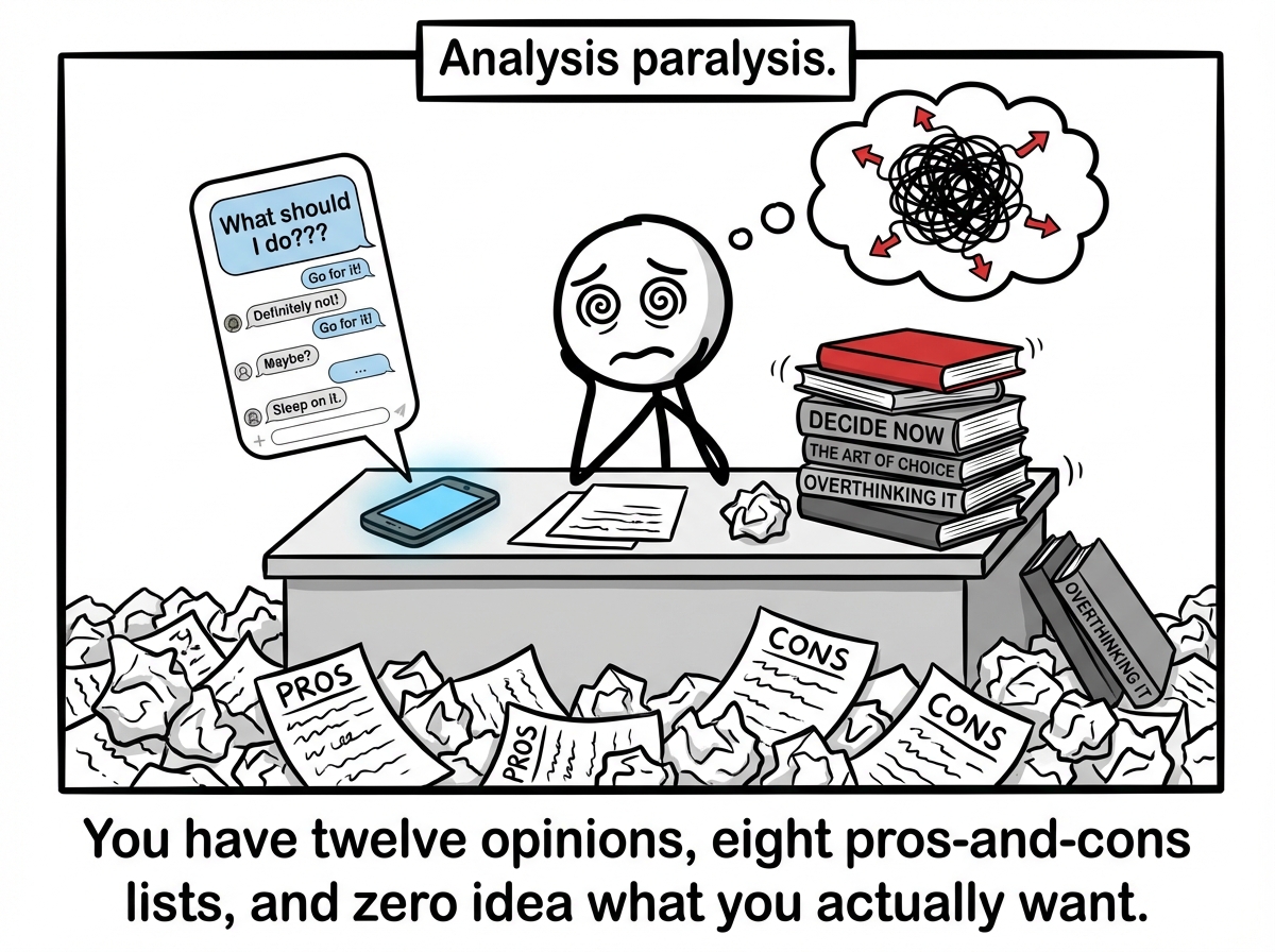 The stick figure sits at a desk surrounded by crumpled pros-and-cons lists that have overflowed onto the floor. Their phone shows a group chat labeled 'What should I do???' with dozens of conflicting responses. A stack of self-help books teeters next to them, each one bookmarked with a different color tab. The figure's thought bubble shows a tangled ball of yarn with arrows pointing in every direction. Their expression is paralyzed -- eyes glazed, mouth flat. A label reads 'Analysis paralysis: when every direction cancels every other direction.'