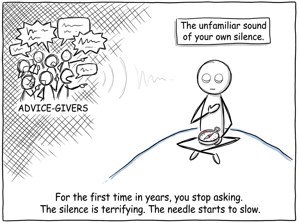 The stick figure walks away from the crowd into a quiet, empty space. They have put the phone down, left the lists behind, and sit alone on a hill. The crowd of advice-givers is visible in the distance, still pointing and shouting, but the sound waves fade before they reach the figure. The compass sits in the figure's lap. The needle still spins but noticeably slower. The figure's eyes are closed, one hand on their chest. A label reads 'The unfamiliar sound of your own silence.'