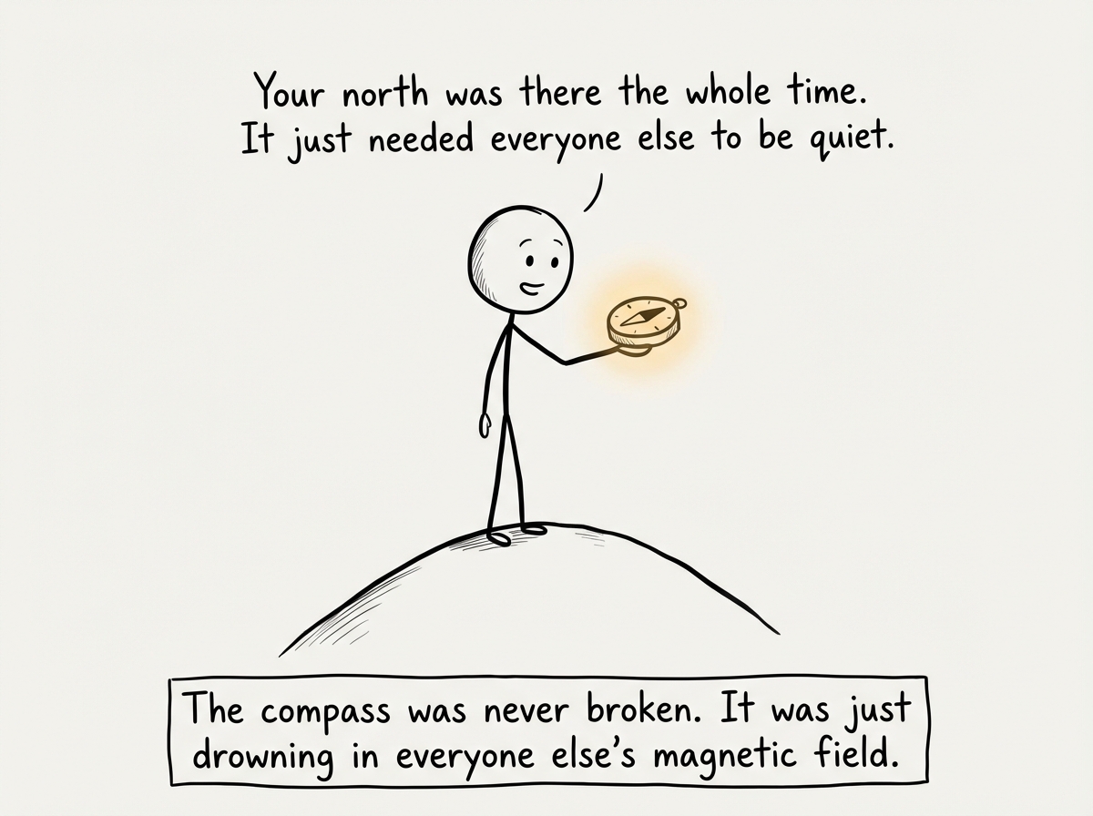 The stick figure stands alone on the hill, compass held gently in their palm. The needle has stopped spinning and points steadily in one clear direction. The figure's expression is a mix of surprise and quiet relief, eyebrows raised, a small genuine smile forming. No crowd, no noise, no lists. Just the figure and the compass. A faint glow emanates from the compass. A label reads 'Your north was there the whole time. It just needed everyone else to be quiet.'
