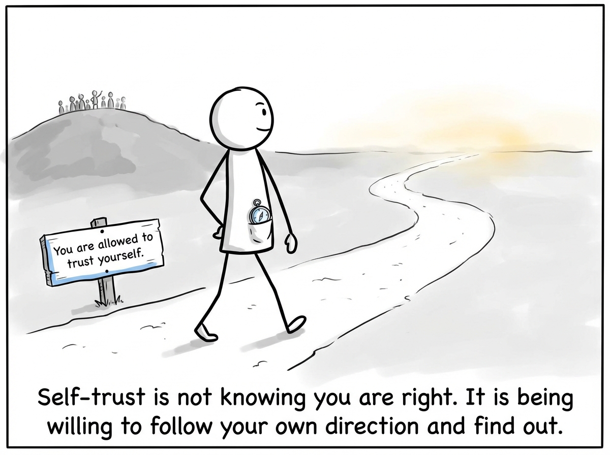 The stick figure walking forward confidently along a path in the direction the compass points. The compass is tucked into their pocket now -- they do not need to stare at it anymore. Behind them, the hill and the distant crowd are far away. Ahead, the path is not perfectly clear, but the figure walks it anyway. A small sign along the path reads 'You are allowed to trust yourself.'