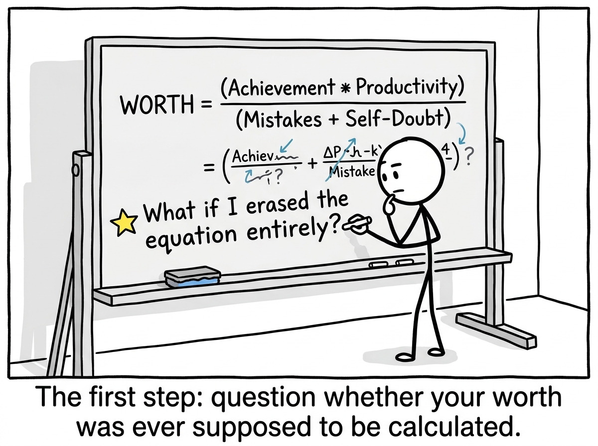 A stick figure staring at the worth equation on a chalkboard, slowly writing 'What if I erased the equation entirely?' underneath it