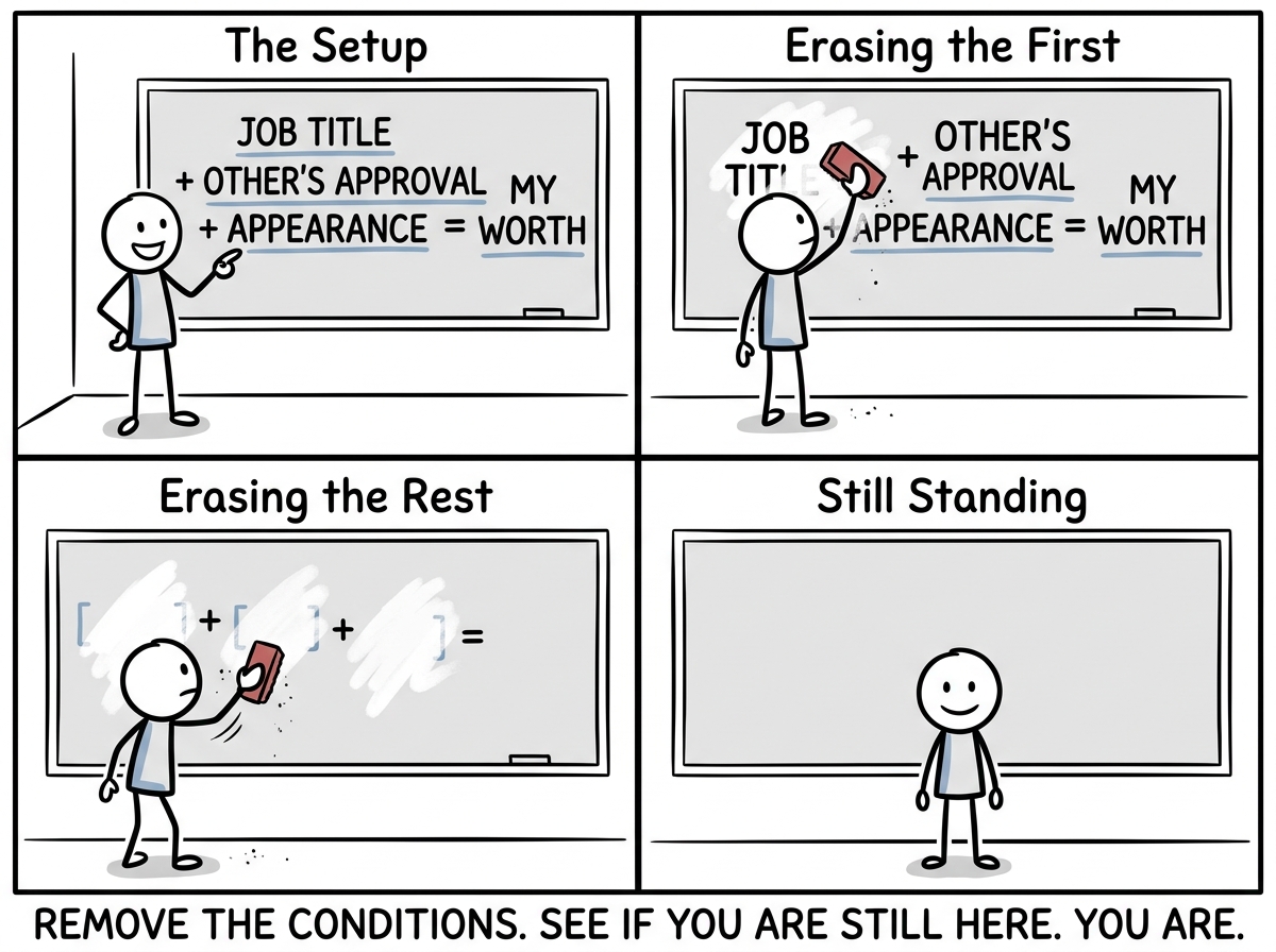 The stick figure erasing one variable at a time from the equation -- 'job title,' 'others' approval,' 'appearance' -- and still standing