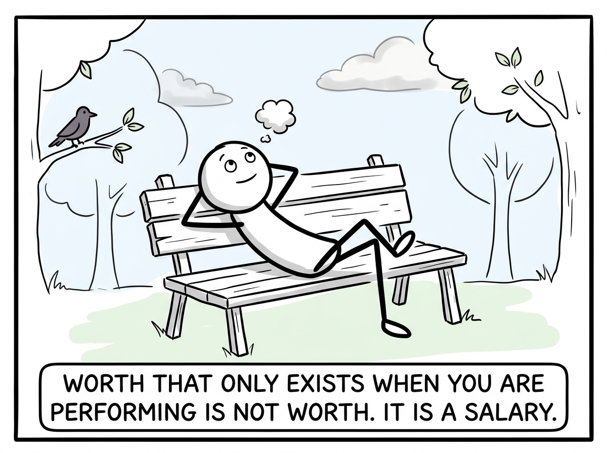The stick figure resting on a bench doing nothing productive, practicing the radical act of existing without earning it