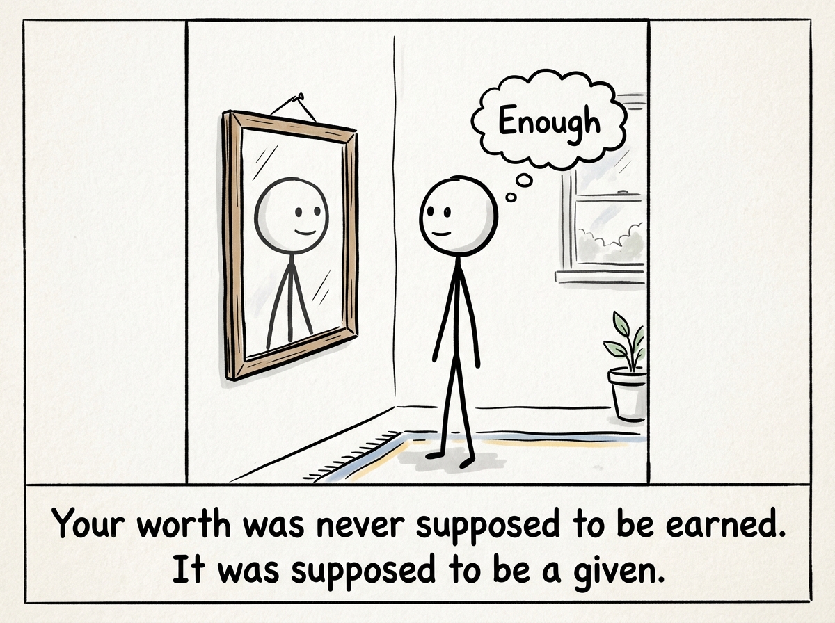 The stick figure looking in a mirror with a simple thought bubble: 'Enough' -- no equation, no conditions, no performance required