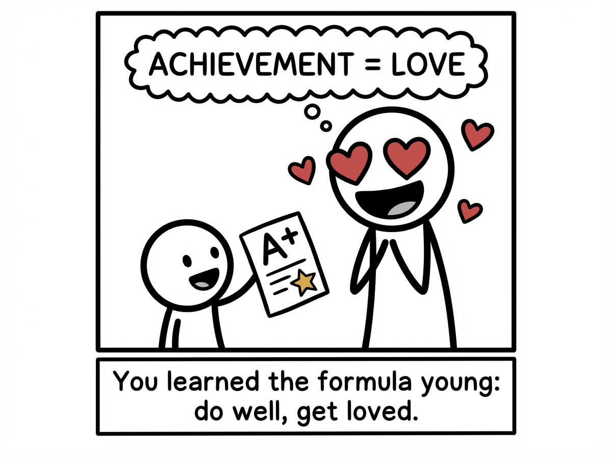 A stick figure as a child bringing home a good report card. A parent beams with love and affection. A thought bubble forms: 'Achievement = Love'