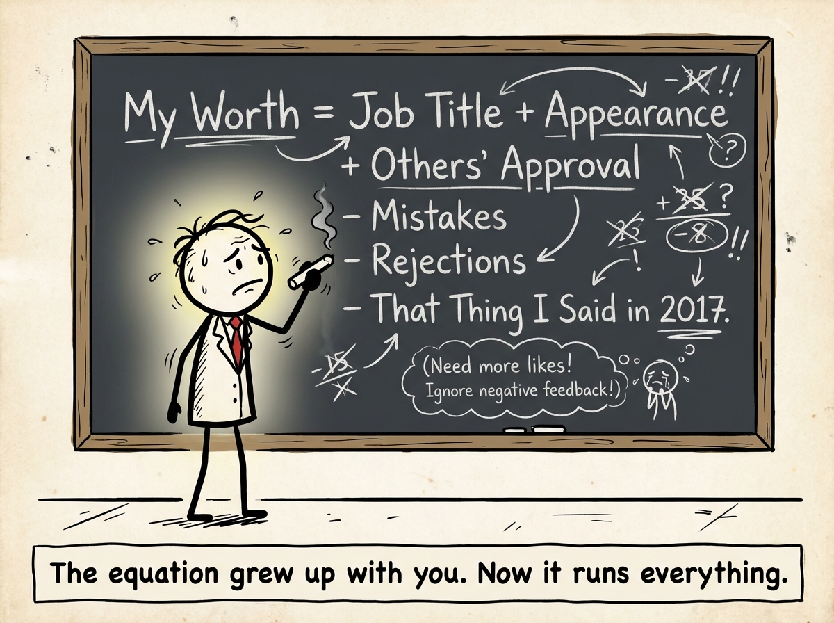 The stick figure as an adult standing in front of a massive chalkboard equation: 'My Worth = Job Title + Appearance + Others' Approval - Mistakes - Rejections - That Thing I Said in 2017.' They are frantically calculating
