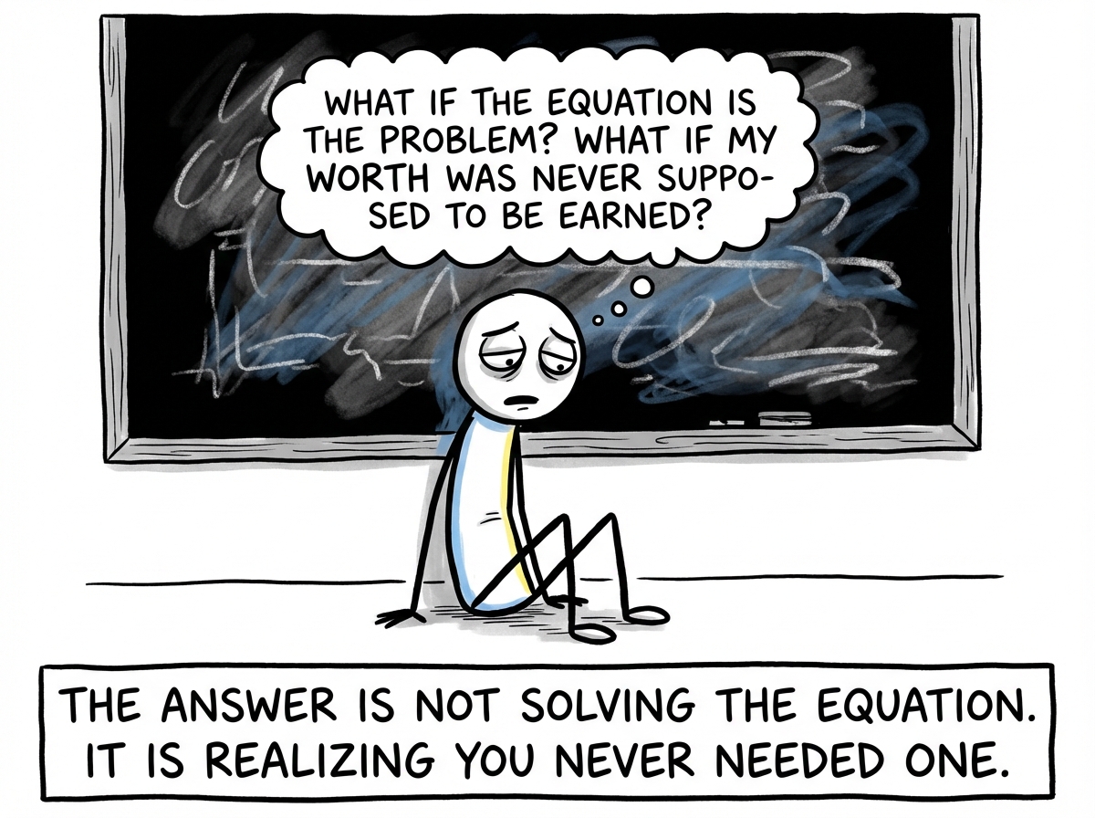The stick figure exhausted, sitting on the floor in front of the chalkboard, realizing: 'What if the equation is the problem? What if my worth was never supposed to be earned?' The chalk starts to smudge and blur