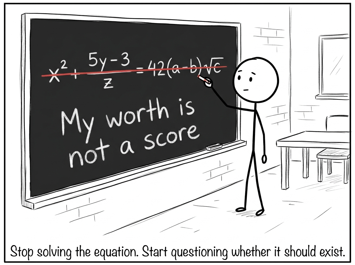 A stick figure standing at the chalkboard and slowly drawing a line through the entire equation, writing underneath: 'My worth is not a score'