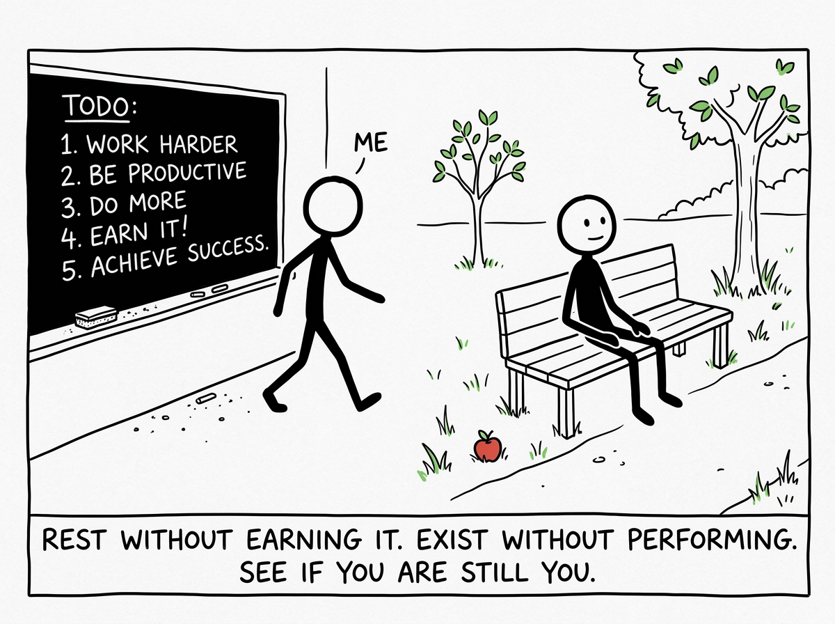 The stick figure stepping away from the chalkboard and sitting on a park bench doing nothing productive, practicing just existing
