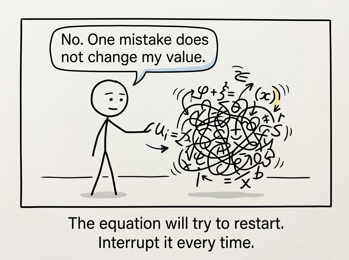 The stick figure noticing the old equation trying to recalculate after a mistake, and gently saying 'No. One mistake does not change my value.'