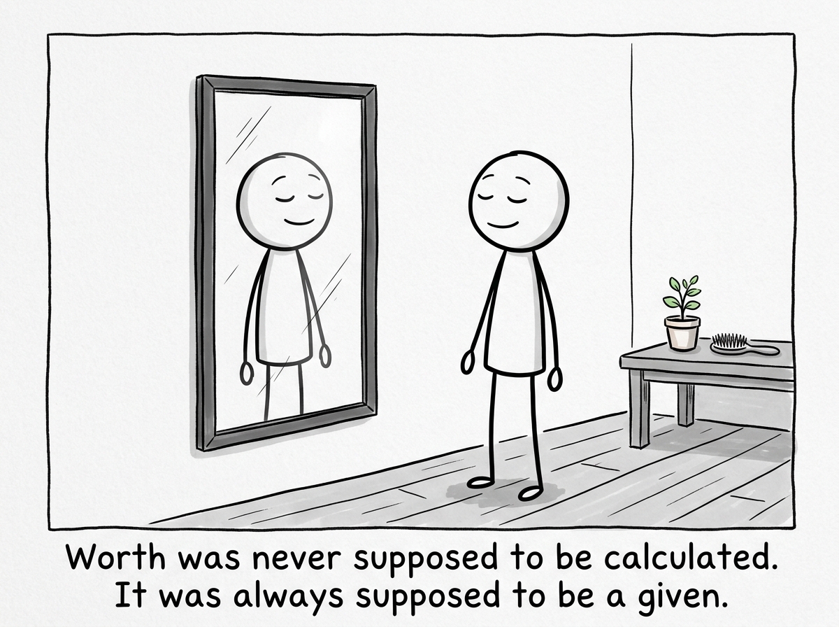 The stick figure looking in a mirror with a simple, settled expression, no equation anywhere in sight