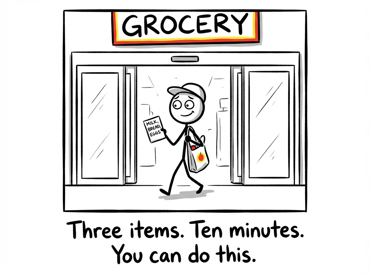 A stick figure entering a grocery store with a short list reading 'milk, bread, eggs' looking cautiously optimistic