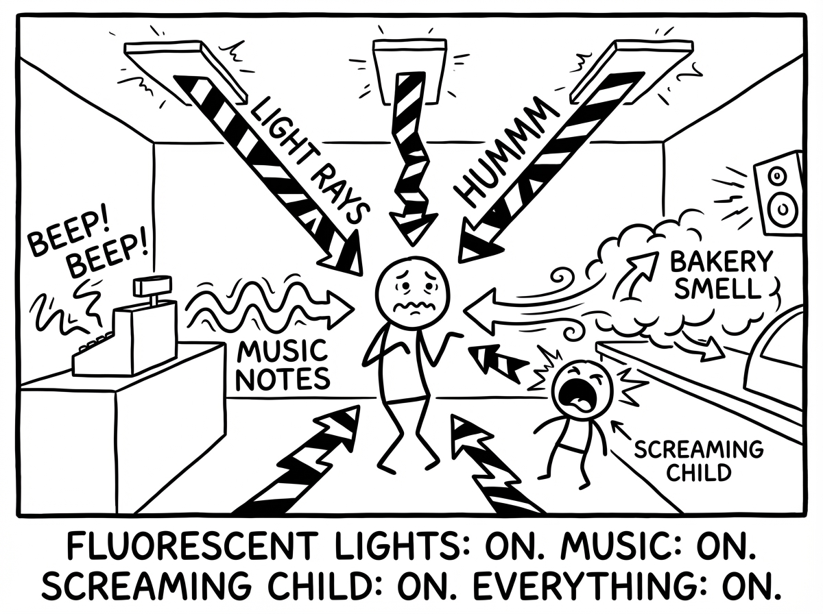 The stick figure in the store as sensory inputs visually assault them -- fluorescent light rays beaming down, sound waves from speakers and beeping registers, smell clouds from the bakery, all drawn as aggressive arrows pointing at the figure