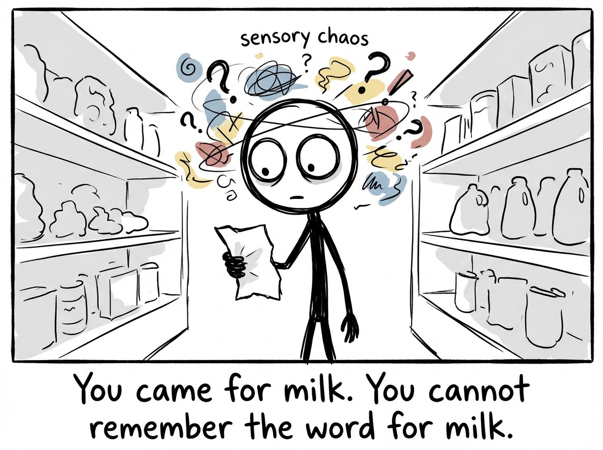 The stick figure frozen in the middle of an aisle, eyes wide, the shopping list crumpled in their hand, surrounded by swirling sensory chaos, unable to remember what they came for