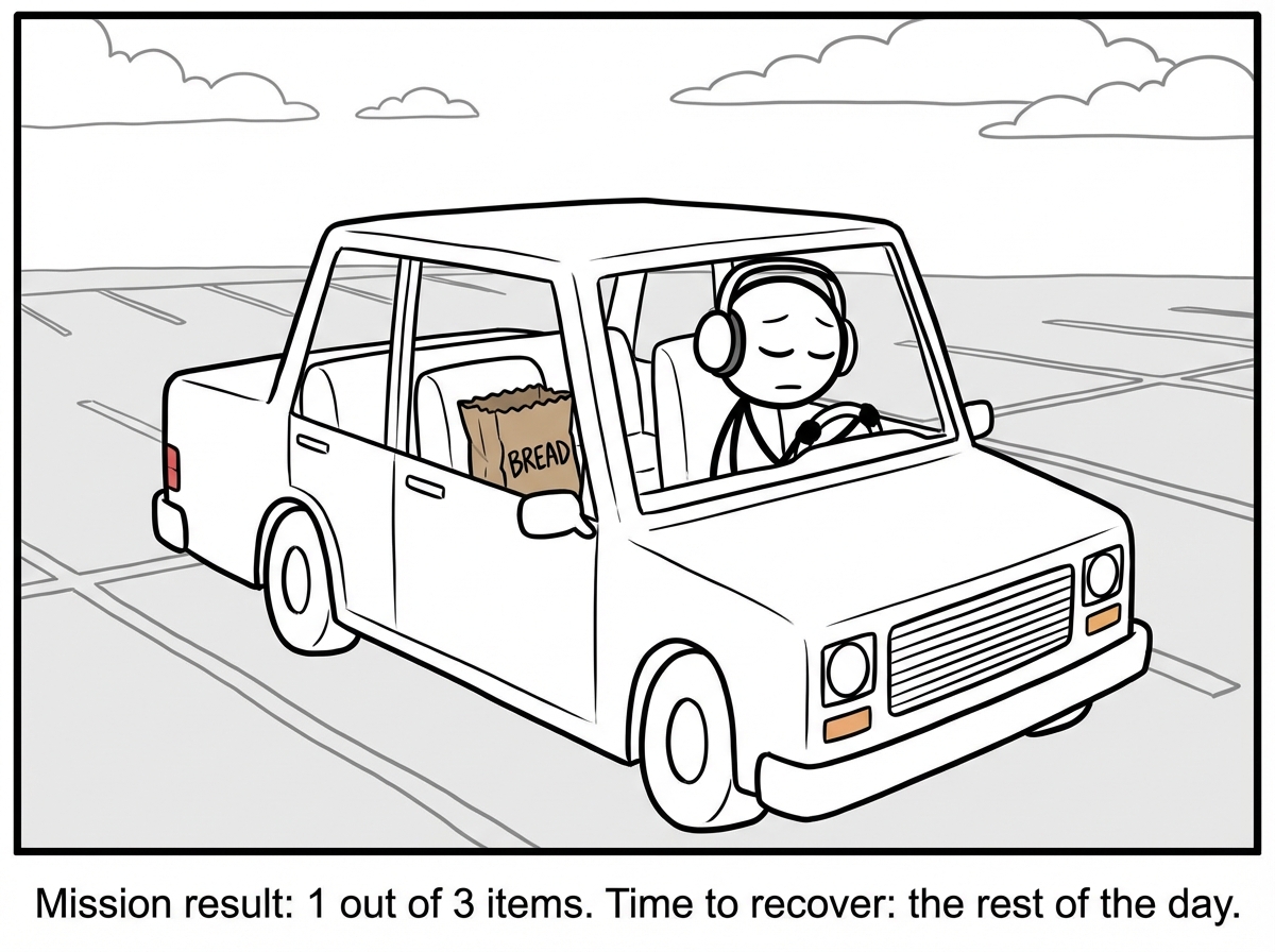 The stick figure sitting in their car in the parking lot with headphones on and eyes closed, one bag containing only bread because that is all they managed before their system crashed