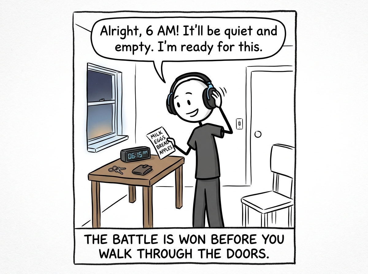A stick figure at home before the grocery trip, putting on noise-canceling headphones, checking a short written list, and choosing to go during the early-morning quiet hours