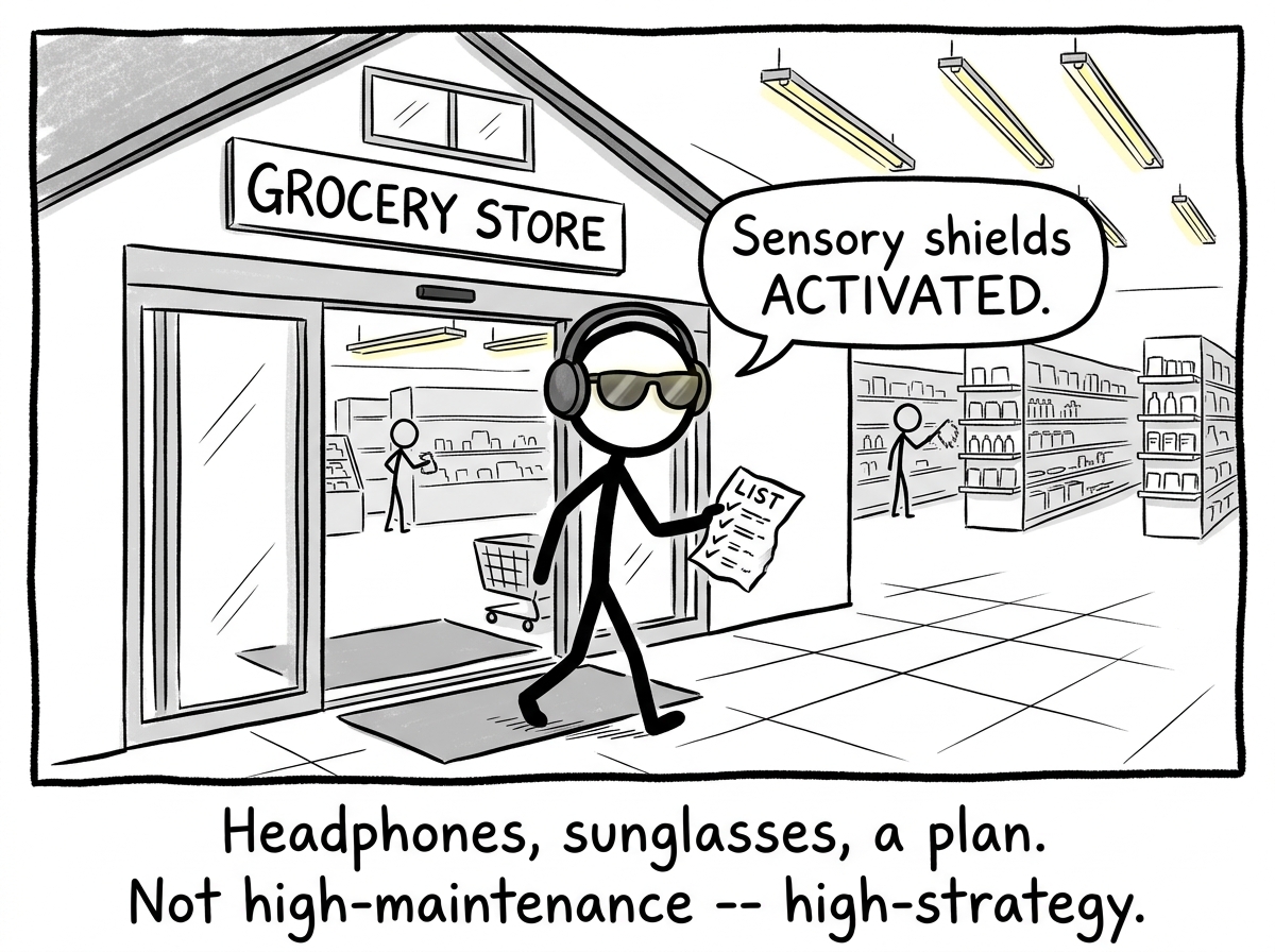 The stick figure entering the store during a calm hour, headphones on, sunglasses dimming the fluorescent lights, list in hand -- sensory shields activated