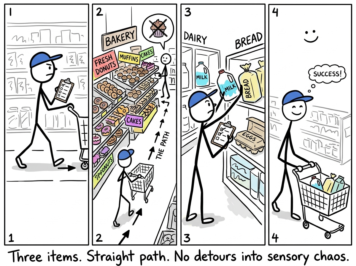 The stick figure moving through the aisles efficiently, following the list, skipping the overwhelming bakery section entirely, grabbing milk, bread, and eggs