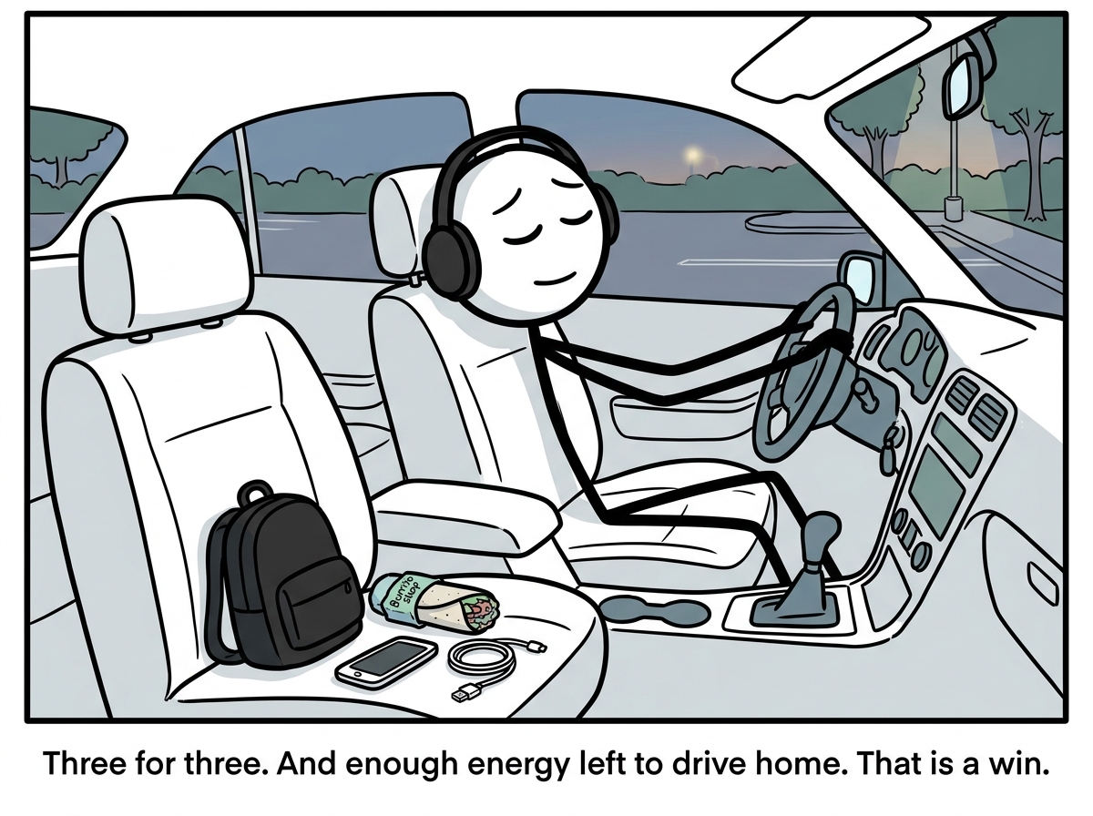 The stick figure in their car with all three items, headphones still on, taking a moment to decompress before driving -- tired but not crashed