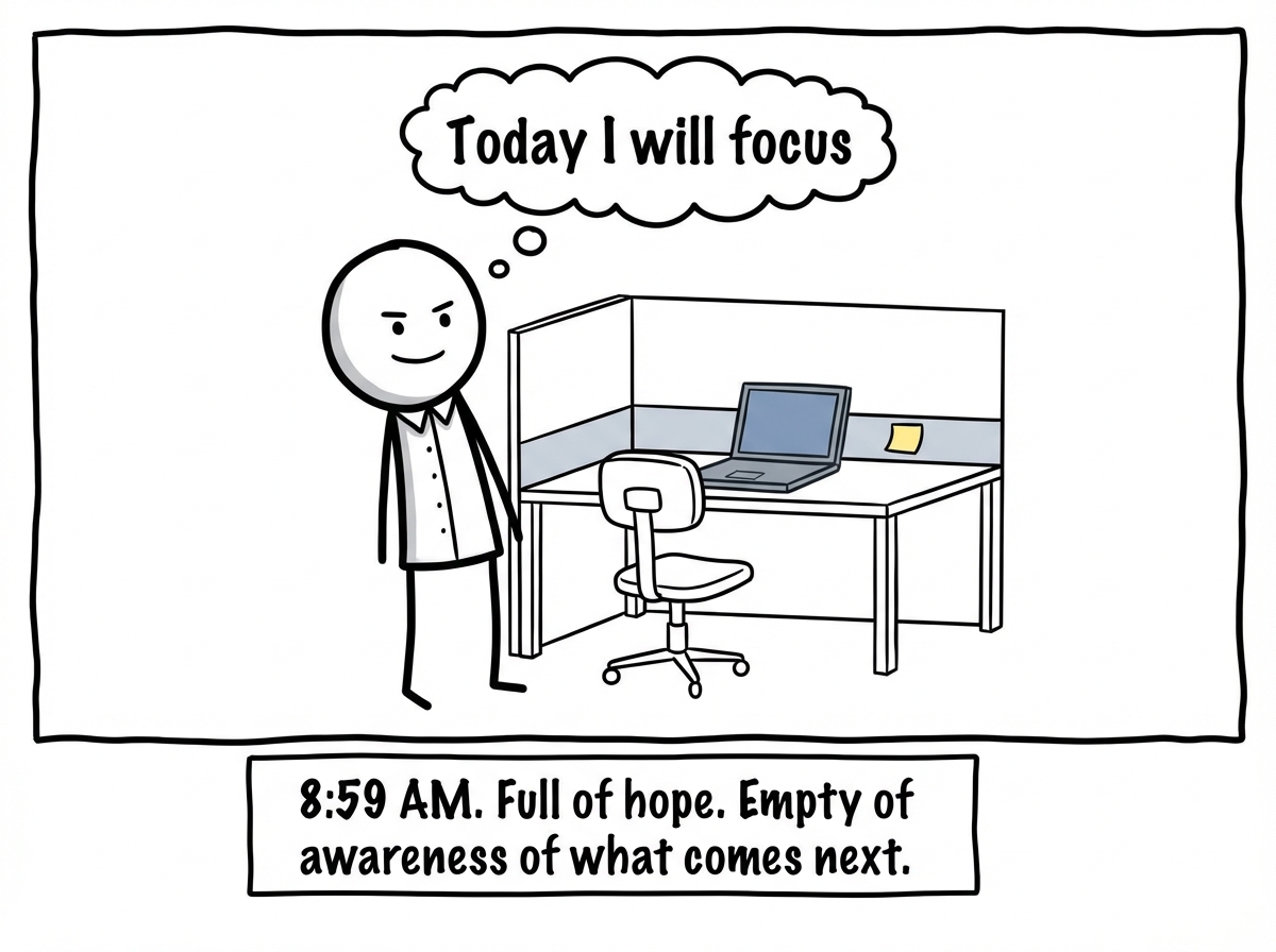 A stick figure arriving at an open office desk with a laptop, putting on a brave face, a thought bubble reads 'Today I will focus'