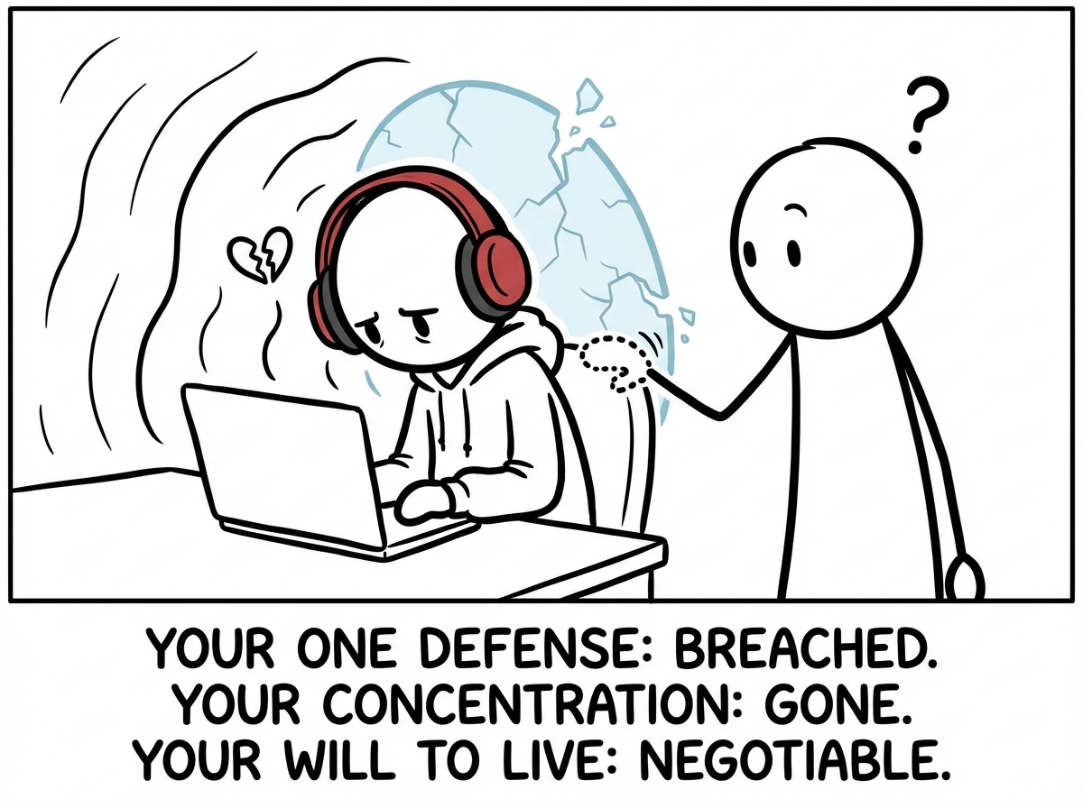 The stick figure wearing headphones at maximum volume, but a coworker taps them on the shoulder to ask a question, breaking the one fragile barrier they had constructed