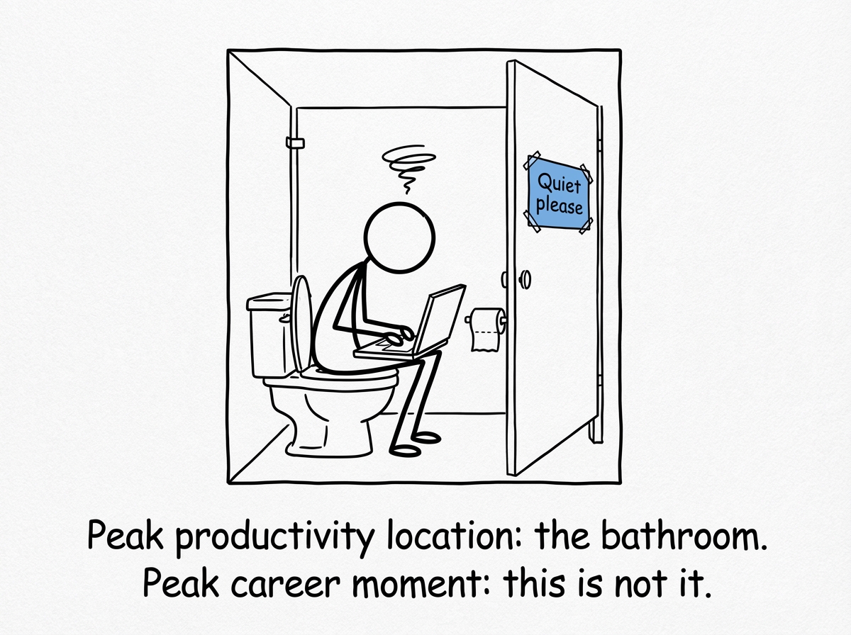 The stick figure hiding in a bathroom stall with their laptop balanced on their knees, finally able to focus in the only quiet room in the building