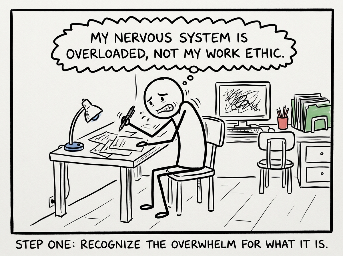 A stick figure pausing mid-work, noticing their jaw is clenched and shoulders are up by their ears, a thought bubble reads 'My nervous system is overloaded, not my work ethic'