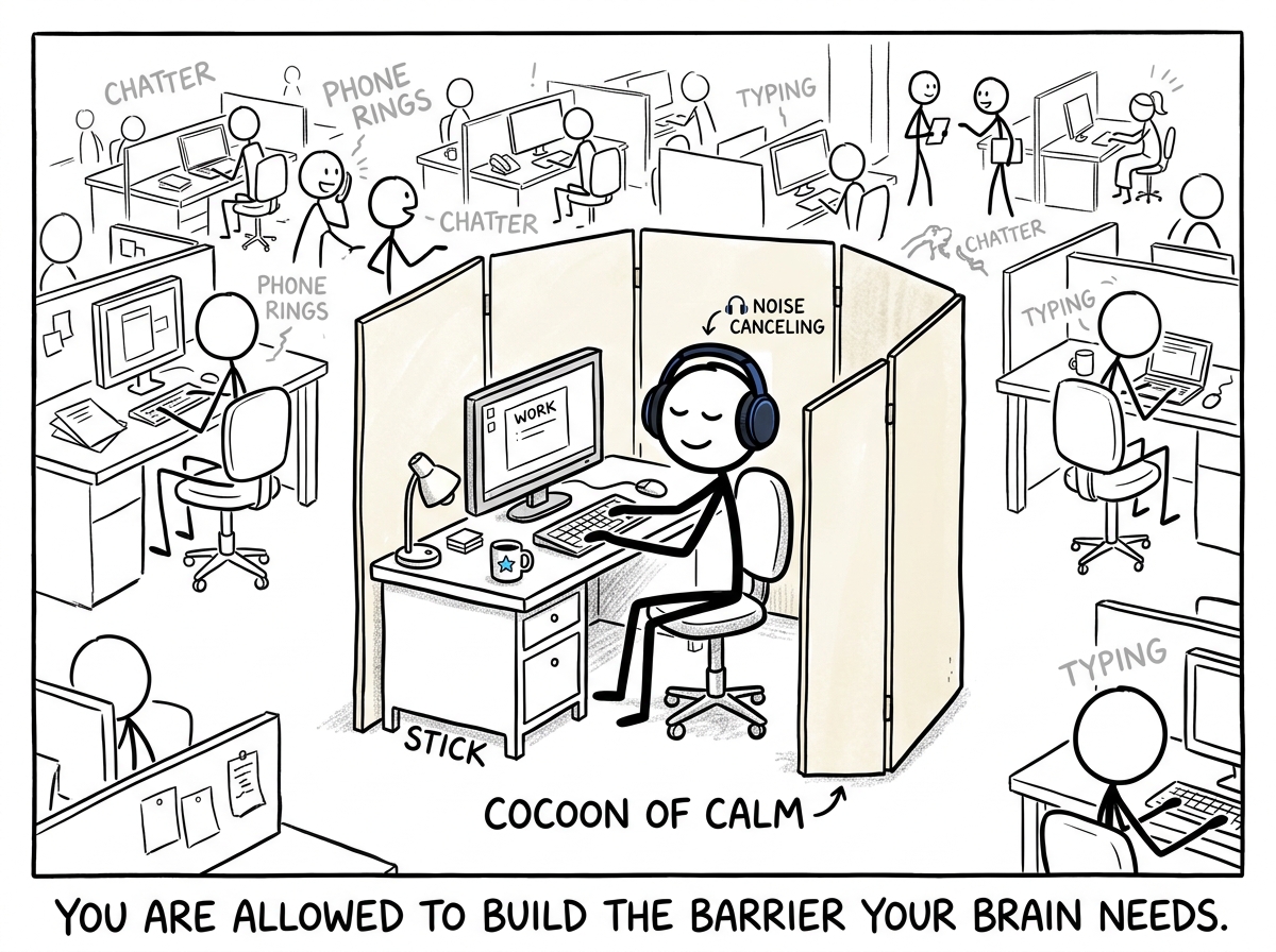The stick figure putting on noise-canceling headphones and pulling a small folding screen around their desk, creating a tiny cocoon of calm in the open office