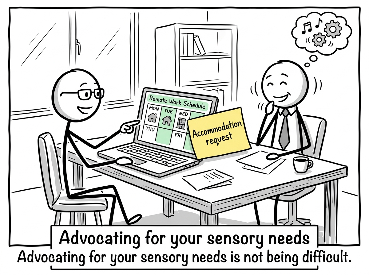 The stick figure sitting in a meeting with a manager, pointing to a laptop showing a remote work schedule, the manager nodding. A sticky note reads 'Accommodation request'