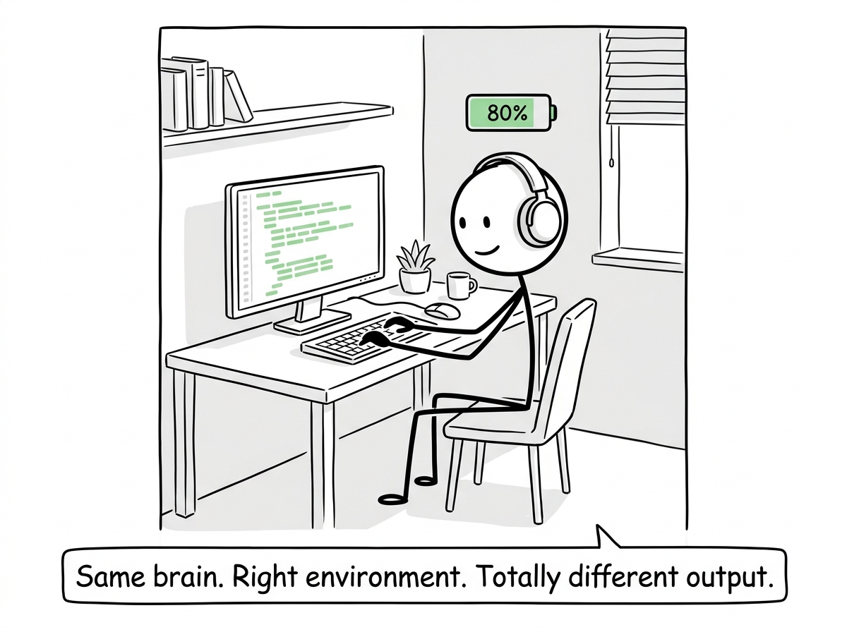 The stick figure working calmly at a quiet corner desk with headphones on, a green battery icon at 80 percent above their head, code flowing smoothly on screen