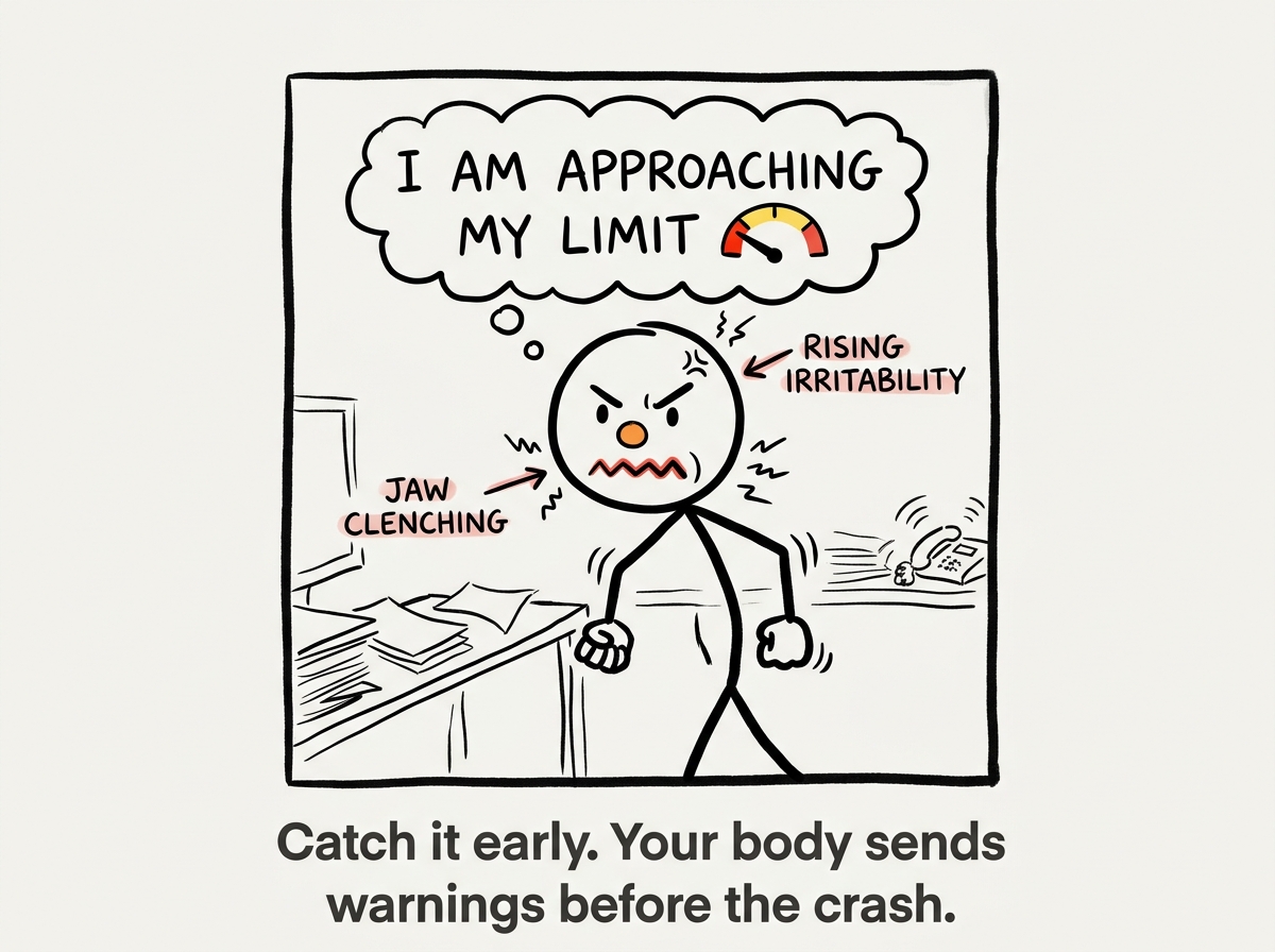 A stick figure recognizing the early signs of overload -- jaw clenching, rising irritability -- and thinking 'I am approaching my limit'