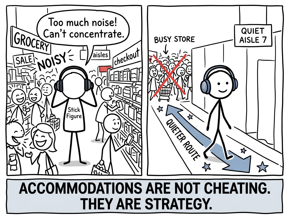 The stick figure putting on noise-canceling headphones and choosing a quieter route through the store
