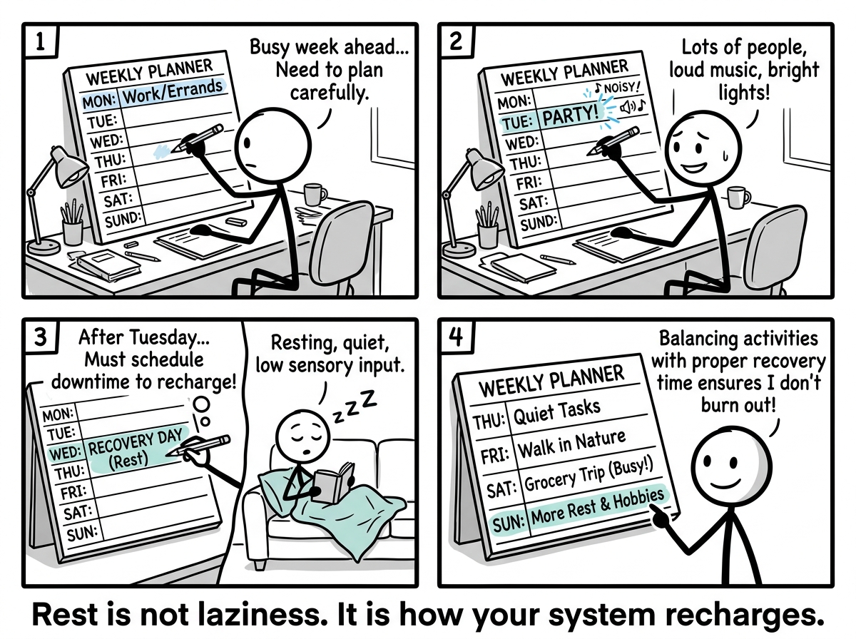The stick figure planning their week with recovery time built in after sensory-heavy activities