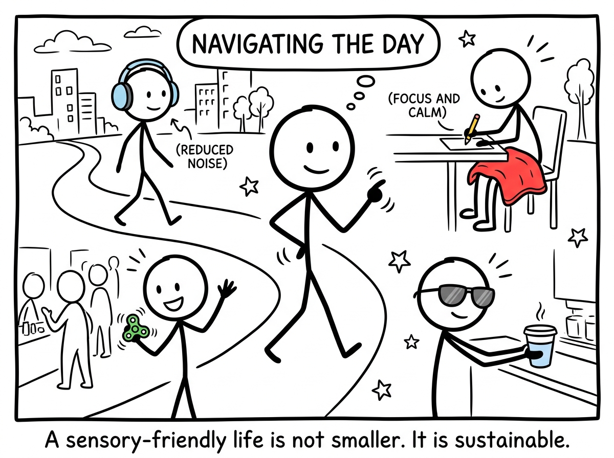 The stick figure navigating their day with their sensory tools, functioning well on their own terms