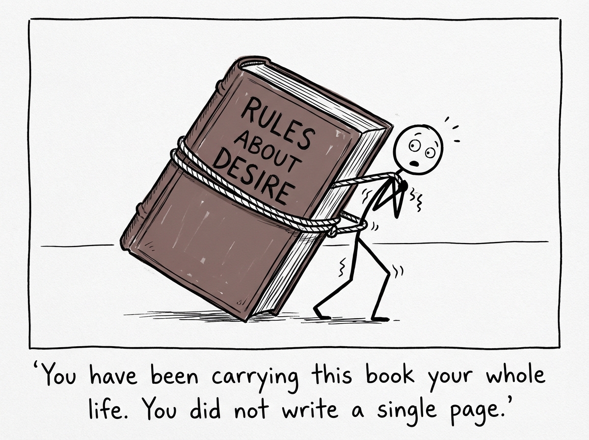 A stick figure stumbling forward under the weight of a massive book they did not know they were carrying, the book glowing faintly with the title 'THE RULES' visible on the cover, the figure looking down at it with surprise and saying 'Wait -- what is this?'