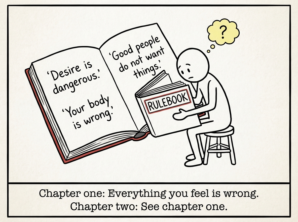 The stick figure sitting cross-legged on the ground with the enormous book open on their lap, reading aloud from pages that say 'Rule 1: Desire is dangerous,' 'Rule 4: Your body is wrong,' 'Rule 7: Good people do not want things,' the figure's expression shifting from confusion to recognition