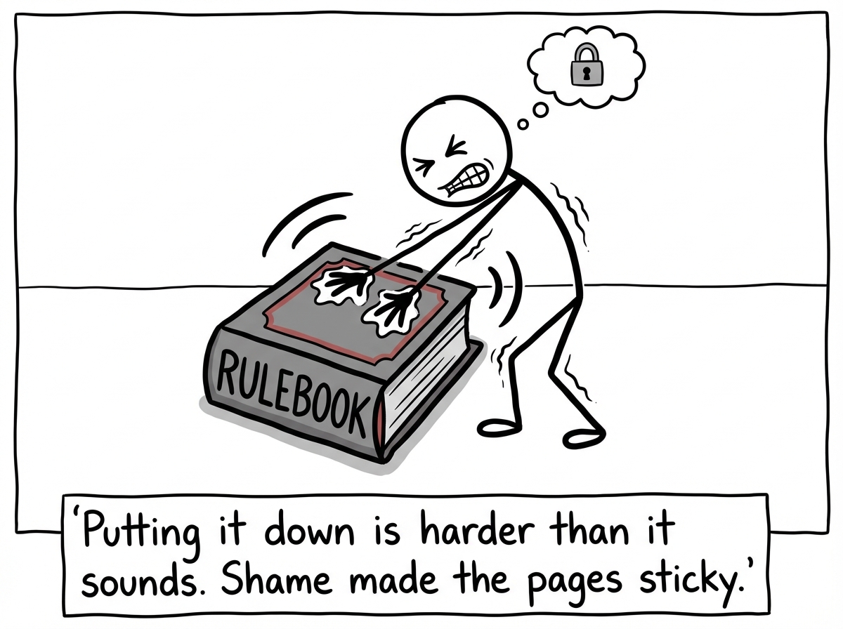 The stick figure trying to put the book down on the ground but it sticks to their hands like glue, their arms straining, sweat drops flying, the book impossibly heavy, with a thought bubble reading 'What if the rules are the only thing holding me together?'