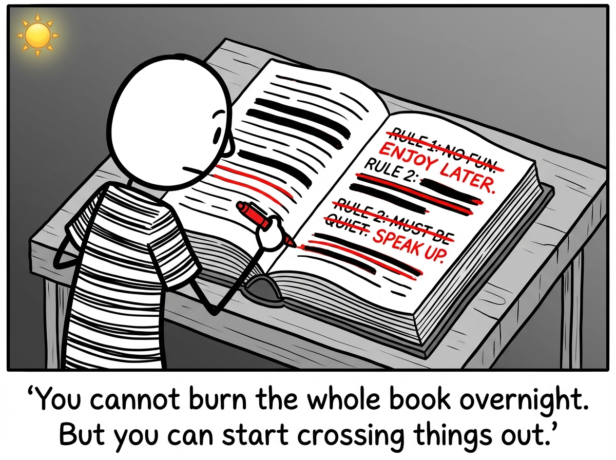 The stick figure sitting with the book open, holding a thick red marker, deliberately crossing out 'Desire is dangerous' and writing underneath in their own handwriting 'Desire is information,' the book noticeably lighter, the figure's posture straighter