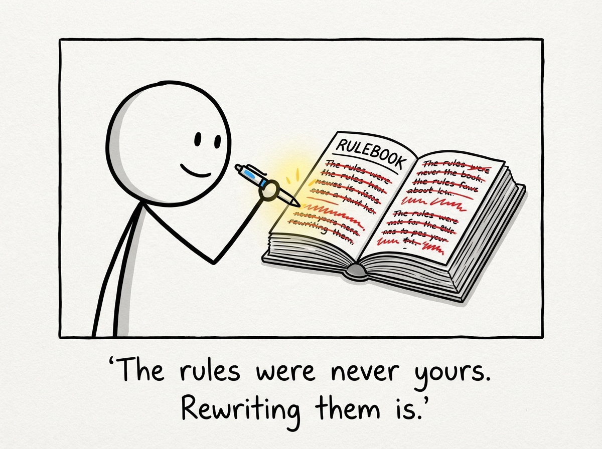 The stick figure holding the book with several rules crossed out in red, writing a new rule in their own hand that reads 'I get to decide what is true about me,' the book visibly thinner and the figure standing taller
