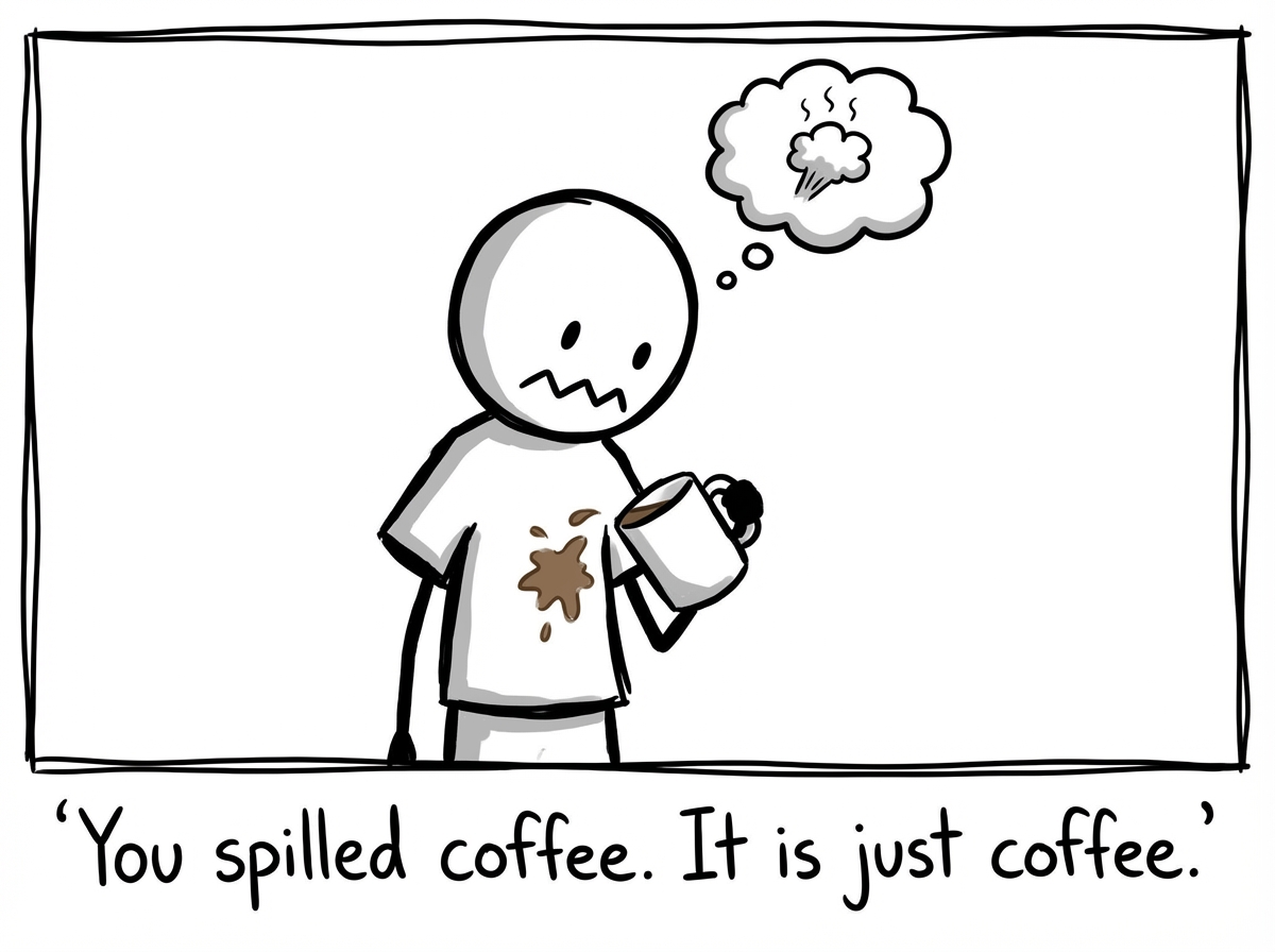 A stick figure in an office kitchen accidentally knocking over a cup of coffee, which spills across the counter. The figure winces slightly. A small thought bubble reads 'Oops.' The scene is calm -- just a minor spill, paper towels nearby.