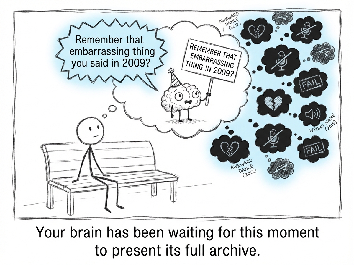The same stick figure now frozen in place as their brain -- shown as a control room above their head -- pulls a giant lever labeled 'OPEN THE ARCHIVES.' A voice balloon from the brain reads 'Hey, remember that thing you said in 2009? And that time you failed in front of everyone? And that text you sent at 2 AM?'
